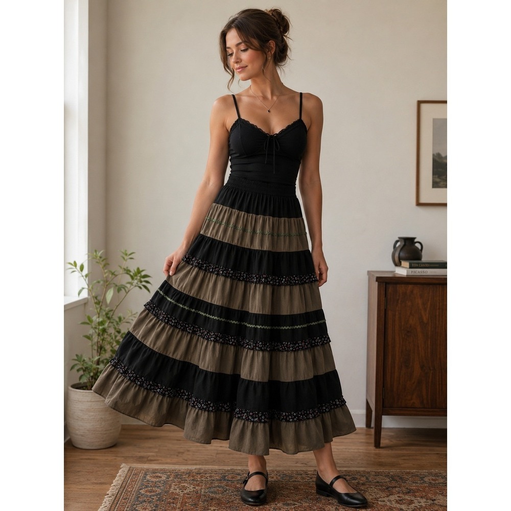 Vtg B. Batier France Velvet Ditsy Floral Corduroy Maxi Skirt Black Olive Green S